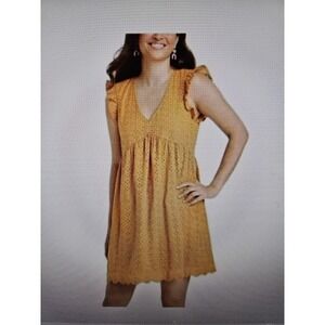 Knox Rose Women's Eyelet Ruffle Sleeve Lined Mustard Yellow Lined Dress, Sz. XXL